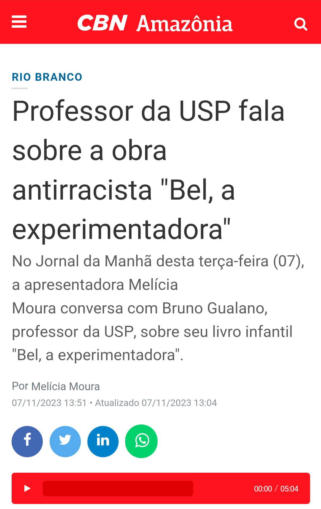 CBN Amazônia: Professor da USP fala sobre a obra antirracista Bel, a Experimentadora